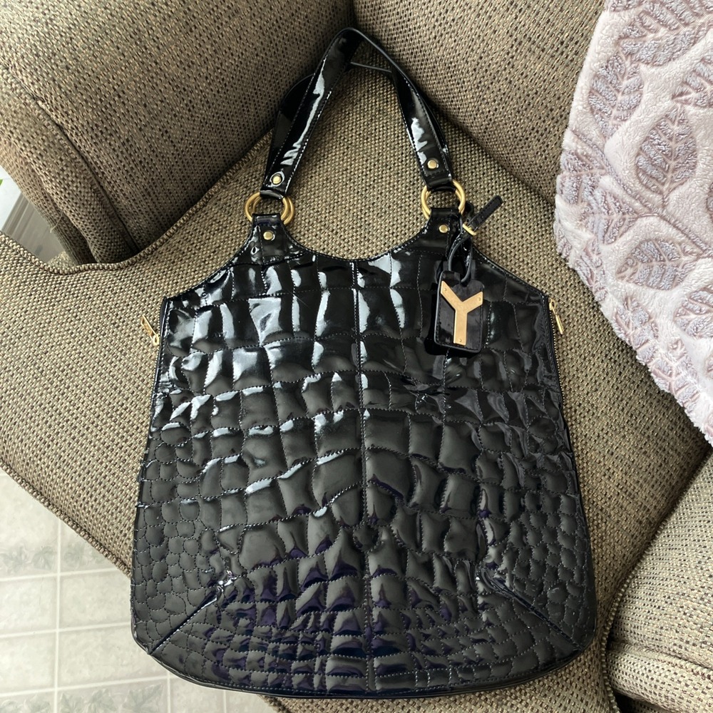 Yves Saint Laurent Vintage Tribute Black Leather Bag Side Zip Y Charm two handle